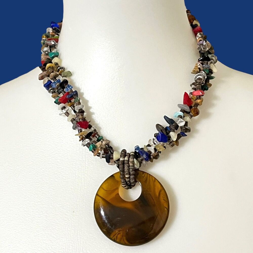 Boho Multi Gemstone Necklace Chunky Resin Pendant Layered Nugget Statement